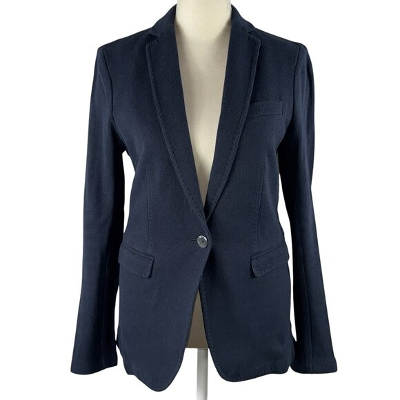 Massimo Dutti Navy Blue Slim Fit One-Button Cotton Blazer Size 6 - Picture 1 of 15